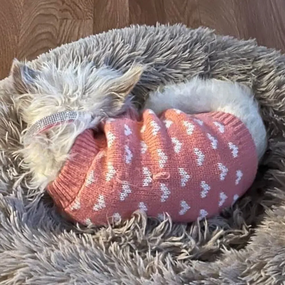 Pink Dog & Cat Sweater Knitted Heart Puppy Pullover Warm Soft Holidays Clothes - Picture 4 of 9